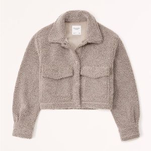 Abercrombie & Fitch Beige Cropped Sherpa Teddy Trucker Shirt Jacket Shacket